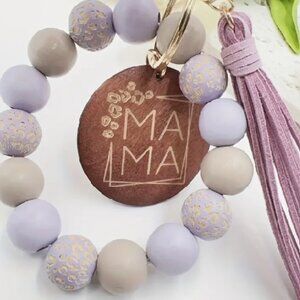 Boho Leopard Beaded Tassel Keychain Bracelet with wooden MAMA Pendant